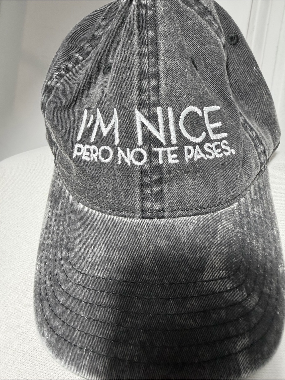 Charcoal Denim Baseball Cap "I'M NICE PERO NO TE PASES” Embroidered